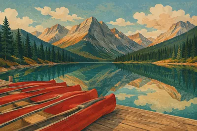Peaceful Mountain Lake Canoes at Sunrise