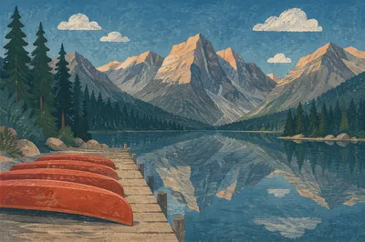 Peaceful Alpine Lake Canoes at Sunrise