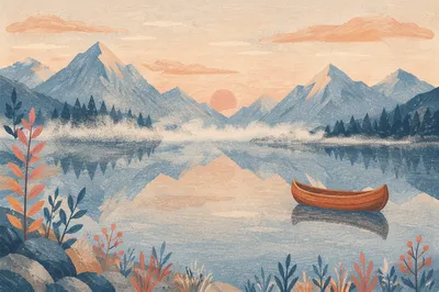 Peaceful Dawn Canoe on Alpine Lake