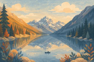 Peaceful Morning Canoe on Alpine Lake