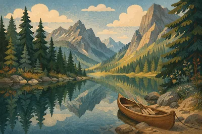 Peaceful Morning Canoe on Alpine Lake