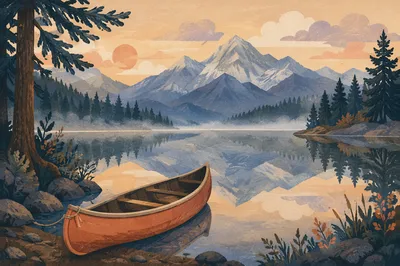 Peaceful Canoe on Alpine Lake Dawn