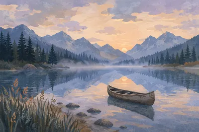 Peaceful Canoe on Alpine Morning Lake