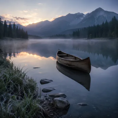 Peaceful Canoe on Alpine Morning Lake