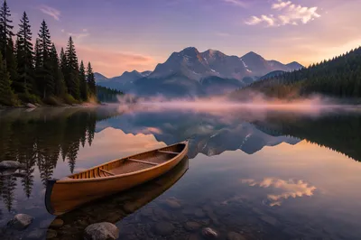 Peaceful Canoe on Alpine Lake at Dawn