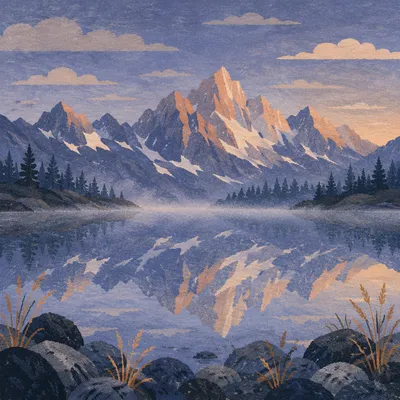 Serene Alpine Lake Reflection at Blue Hour