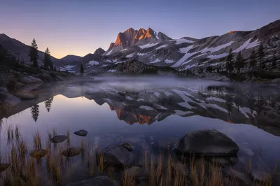 Serene Alpine Lake Reflection at Blue Hour