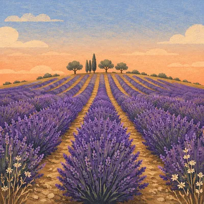 Lavender Field Rows at Provence Sunset