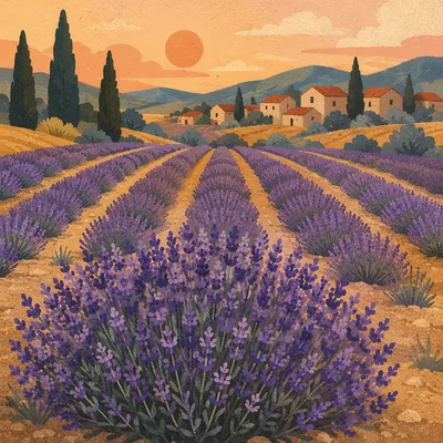 Lavender Field Rows at Provence Sunset