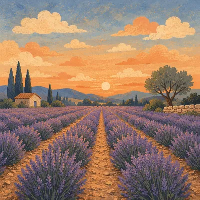 Lavender Field Rows at Provence Sunset