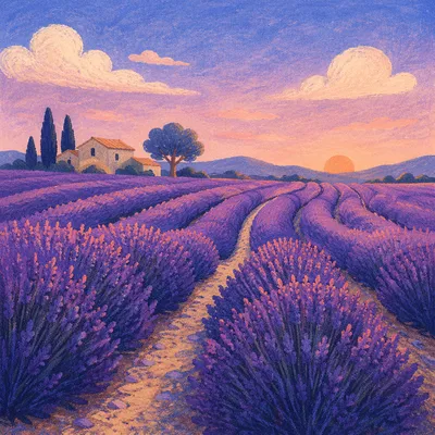 Lavender Field Rows at Purple Sunset