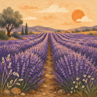 Lavender Field Rows at Provence Sunset