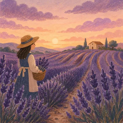 Lavender Field Rows at Purple Sunset