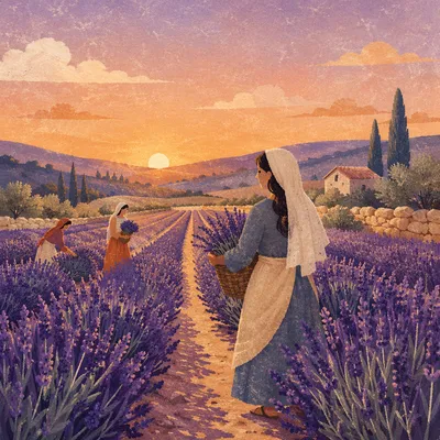 Lavender Field Rows at Sunset