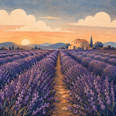 Lavender Field Rows at Provence Sunset