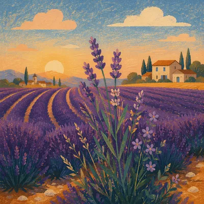 Lavender Field Rows at Provence Sunset