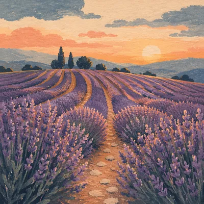 Lavender Field Rows at Sunset Horizon