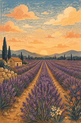 Lavender Field Rows at Provence Sunset