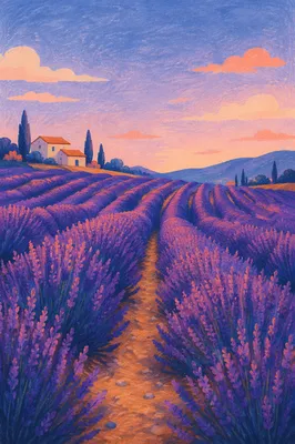 Lavender Field Rows at Provence Sunset