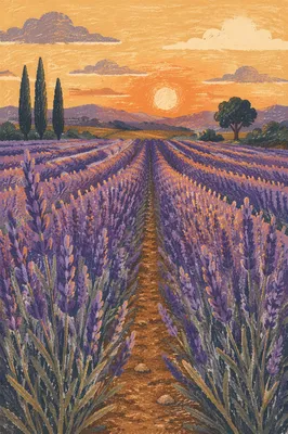 Lavender Field Rows at Golden Sunset