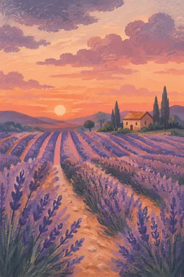 Lavender Field Rows at Purple Sunset