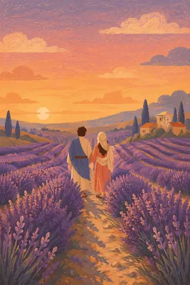 Lavender Field Rows at Sunset