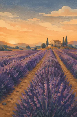 Lavender Field Rows at Provence Sunset