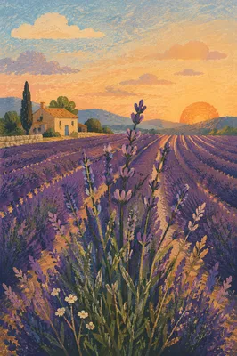 Provence Lavender Rows at Golden Sunset