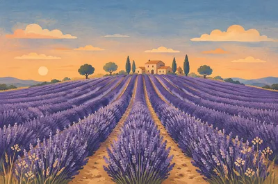 Lavender Field Rows at Provence Sunset