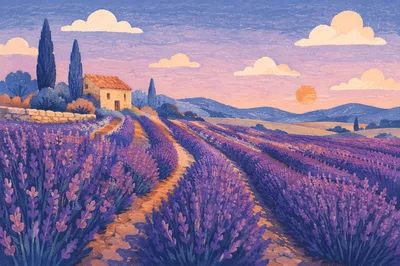 Lavender Field Rows at Purple Sunset