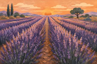 Lavender Field Rows at Golden Sunset