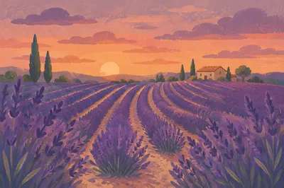 Lavender Field Rows at Purple Sunset