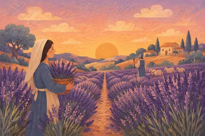 Lavender Field Rows at Sunset