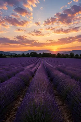 Lavender Field Rows at Golden Sunset