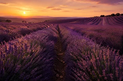 Sunset Lavender Field Rows in Provence Style