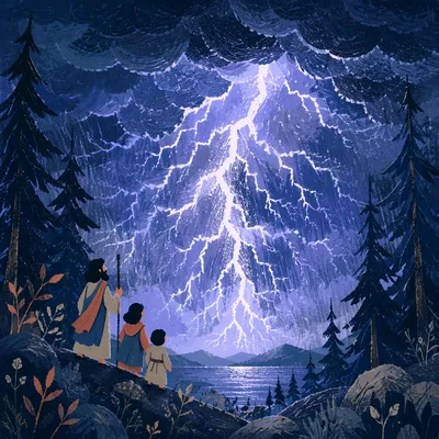 Lightning Over Evergreen Forest at Night