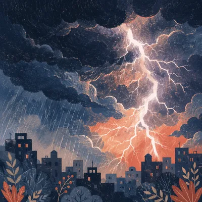 Dramatic Night Thunderstorm Over Urban Horizon