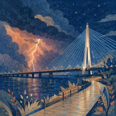 Lightning Storm Over Waterfront Bridge at Night