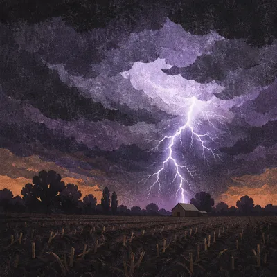 Dramatic Lightning Over Rural Night Field