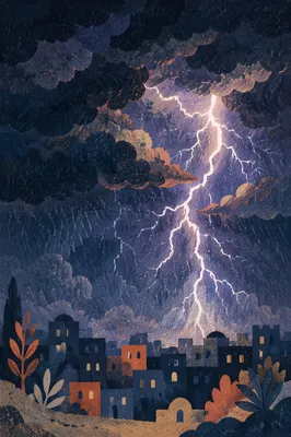 Dramatic Night Thunderstorm Over City Edge