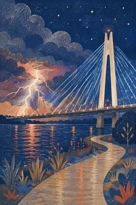 Lightning Storm Over Illuminated Night Bridge