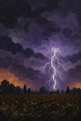 Dramatic Lightning Over Rural Night Field