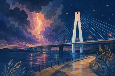 Lightning Over Bridge in Stormy Night