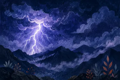 Dramatic Lightning Over Mountain Storm Night