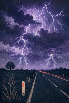 Dramatic Lightning Storm Over Rural Highway