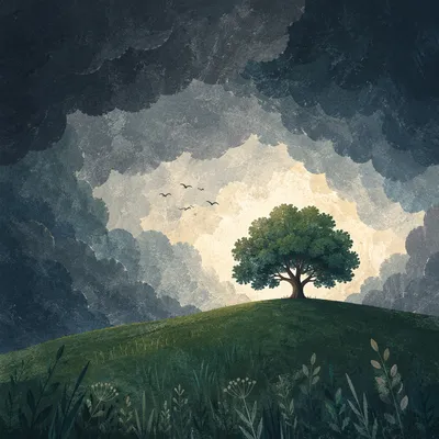 Lone Hilltop Tree Beneath Dramatic Storm Sky
