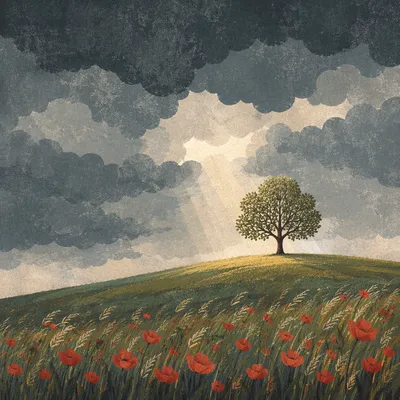 Solitary Hilltop Tree Under Stormy Sky