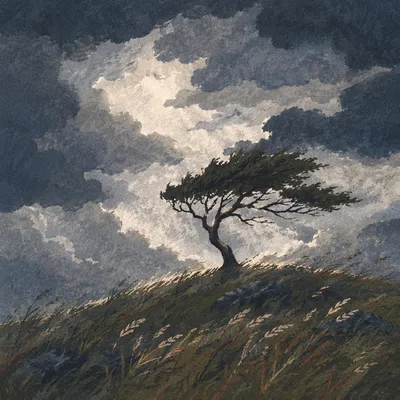 Solitary Tree Beneath Stormy Cloud Sky
