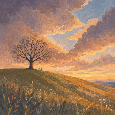 Lone Tree on Hilltop at Golden Hour