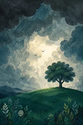 Lone Hilltop Tree Beneath Storm Clouds